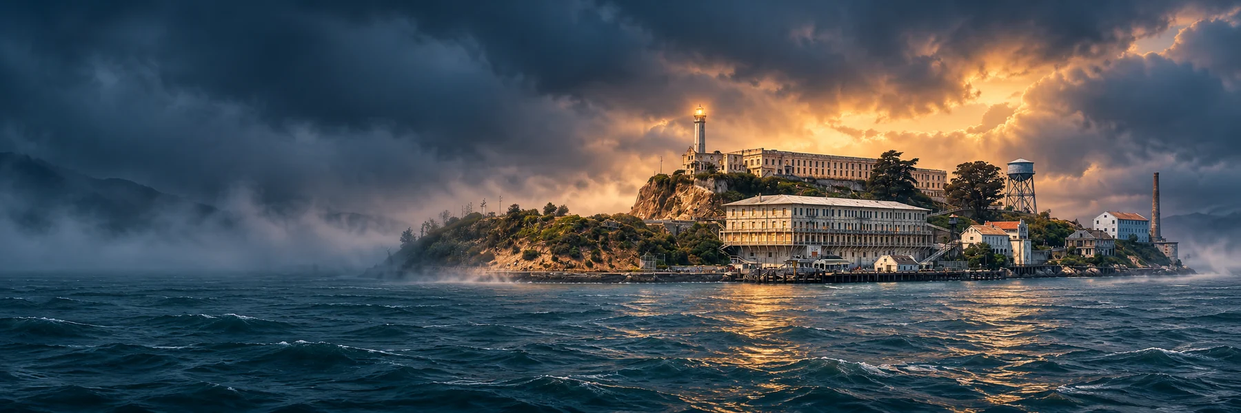 Cinematic illustrated view of Alcatraz Island in San Francisco Bay