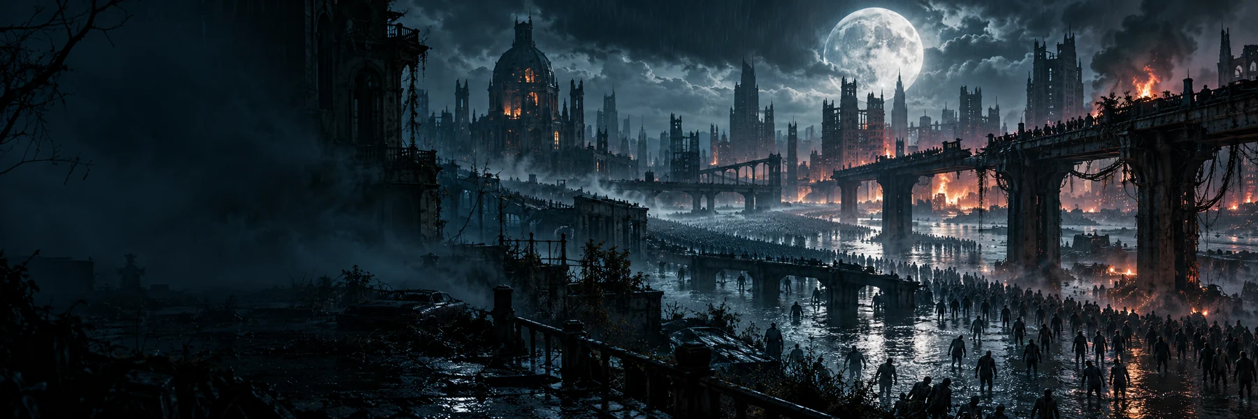 Original illustrated city and distant mass of undead silhouettes beneath moonlight