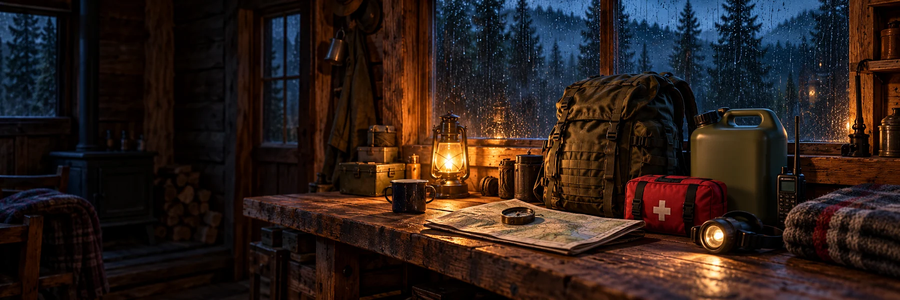 Illustrated cabin workbench with a backpack, water, first aid, map and radio