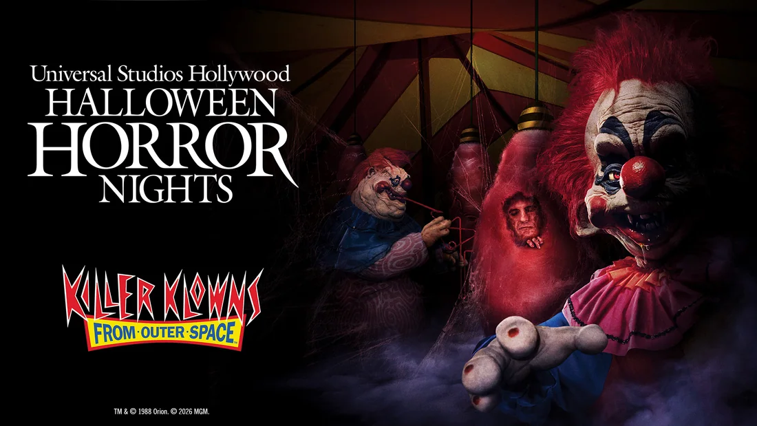 Official 2026 Halloween Horror Nights Hollywood promotional art for the Killer Klowns from Outer Space haunted house.