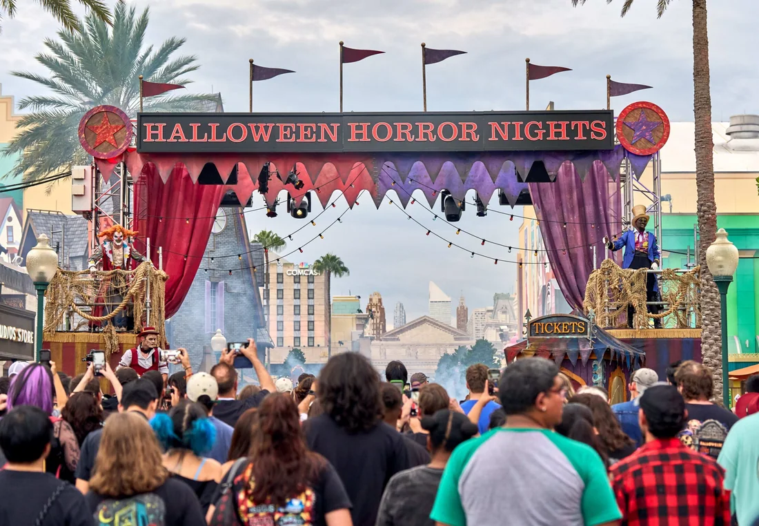 Guests at the Halloween Horror Nights 2026 entrance at Universal Studios Florida; official opening-night press photograph.