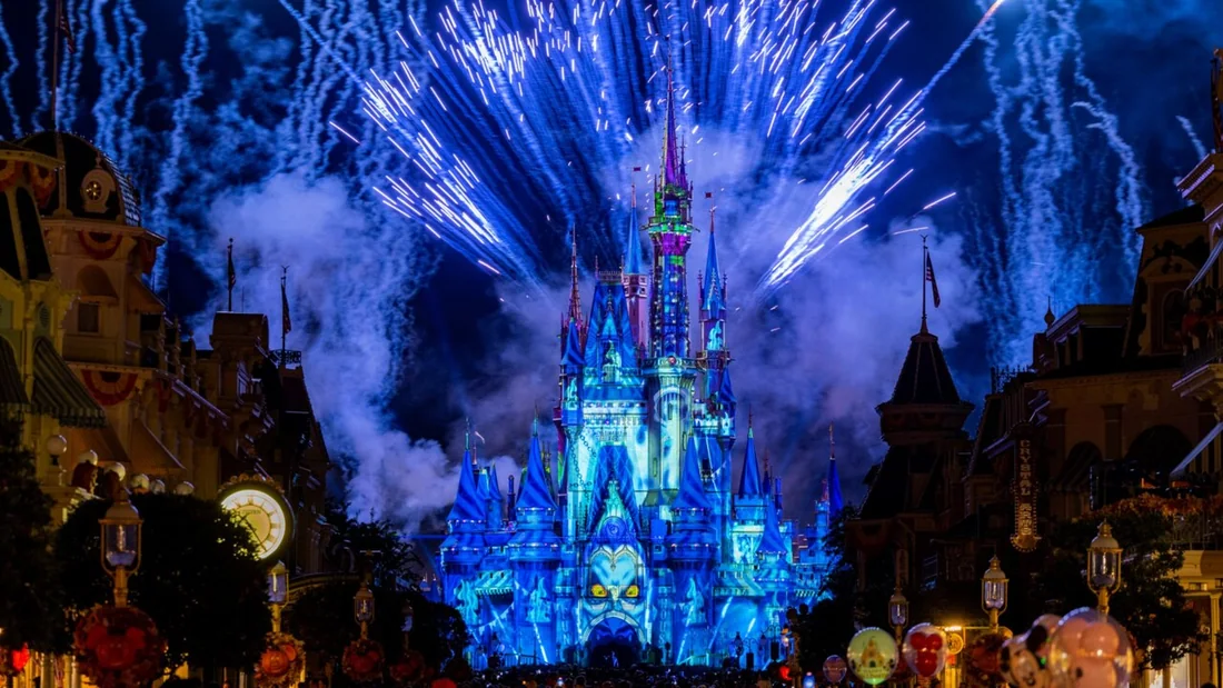 Disney's Not-So-Spooky Spectacular above Cinderella Castle; Disney's official promotional photograph on the 2026 party page.