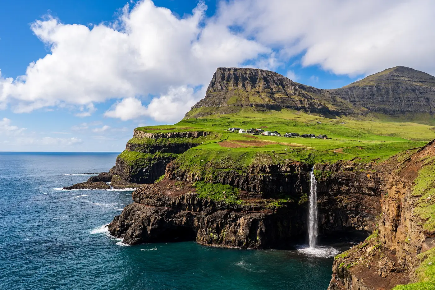 Gásadalur village and Múlafossur waterfall, Vágar, Faroe Islands