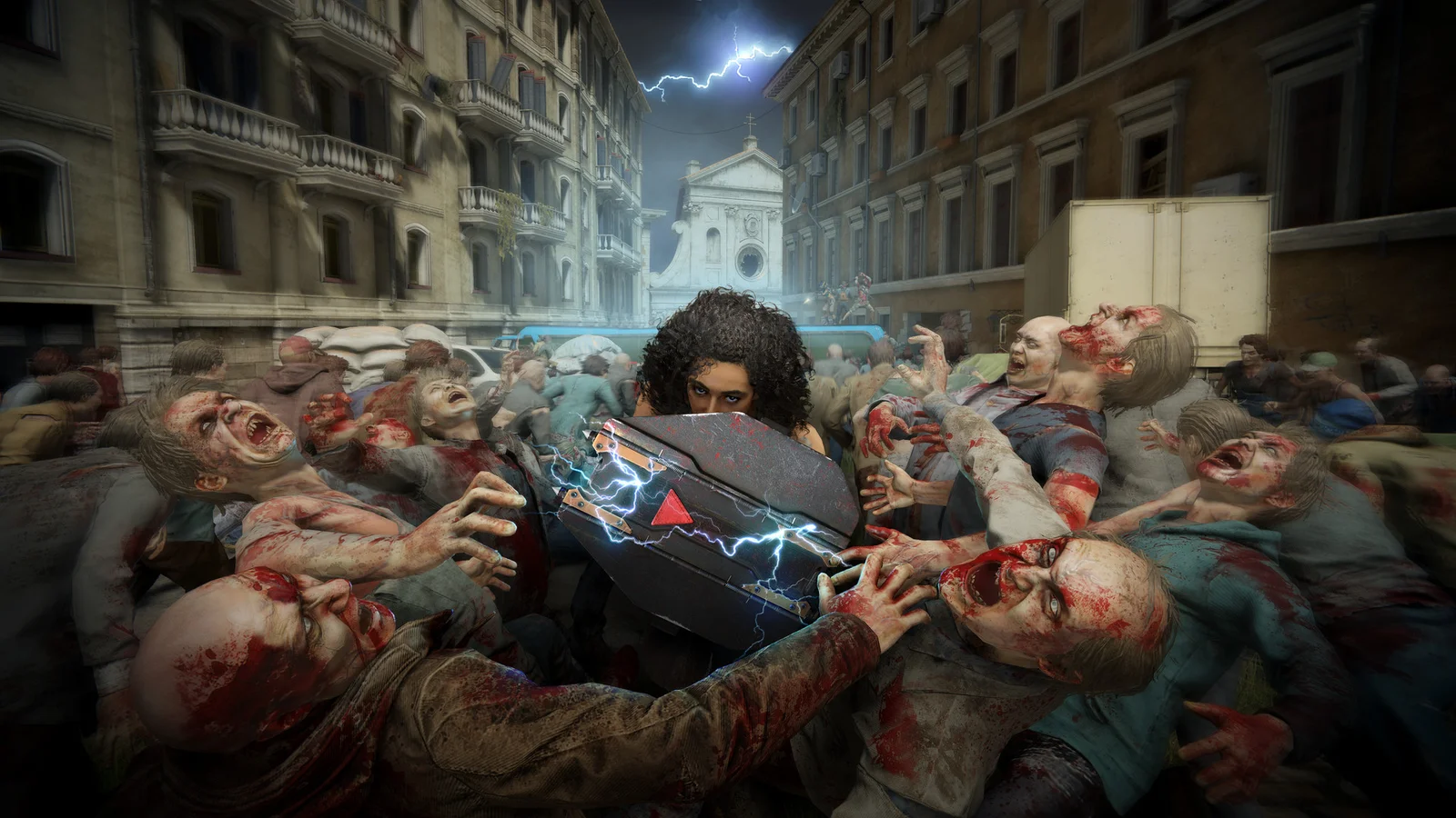 Official World War Z game screenshot showing a survivor surrounded by attacking zombies
